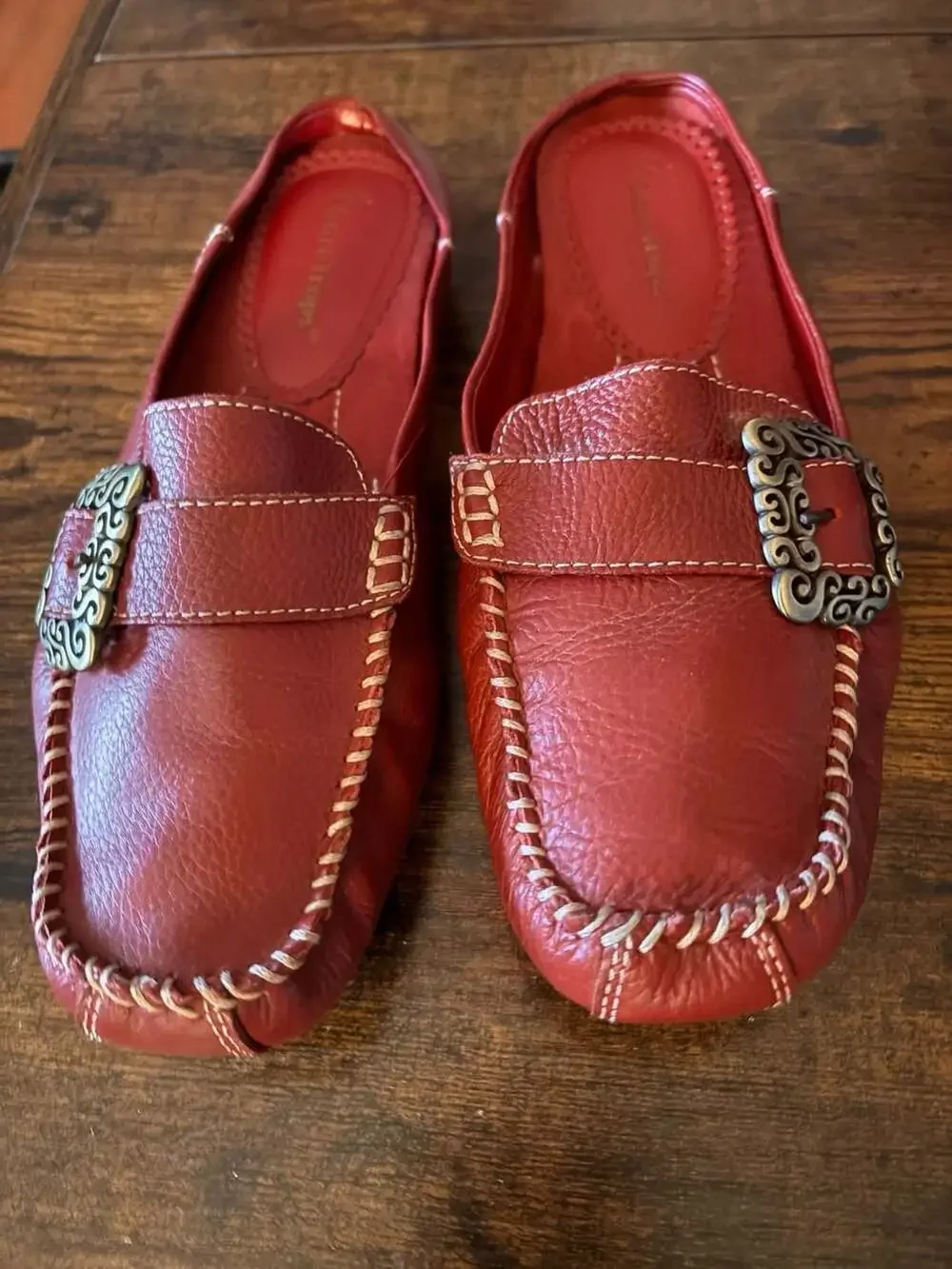 Bare Traps Pixy Red Leather Slip-On Loafers with Decorative Buckle